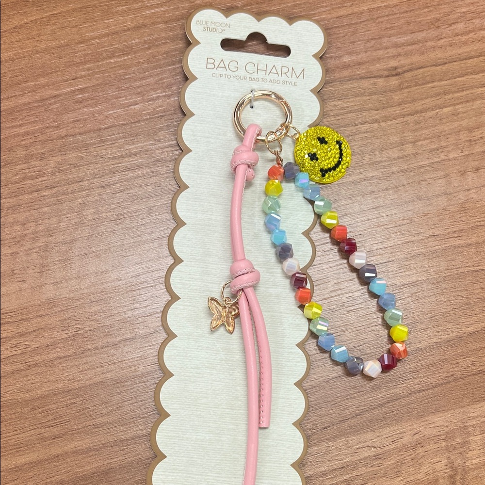 Pink Beaded Smile Bag Charm Keychain -